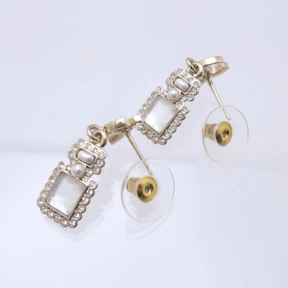 CHANEL CC Logos Rhinestone Pearl Bottle Stud Earrings Gold Tone A21K Auth w/Box - Picture 3 of 5
